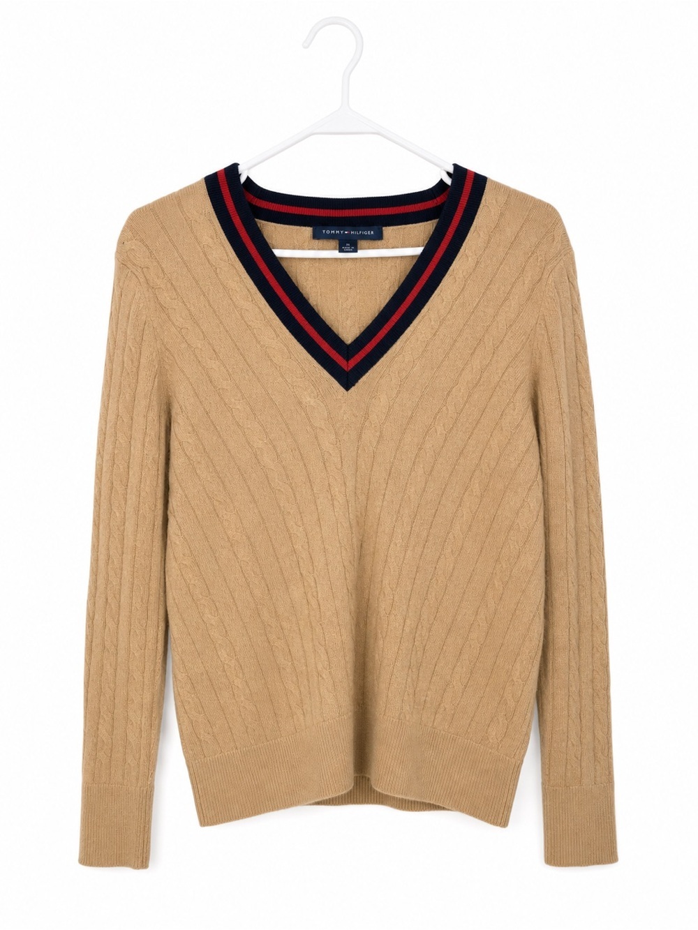 Tommy Hilfiger Camel V-Neck Sweater with Navy & Red Trim